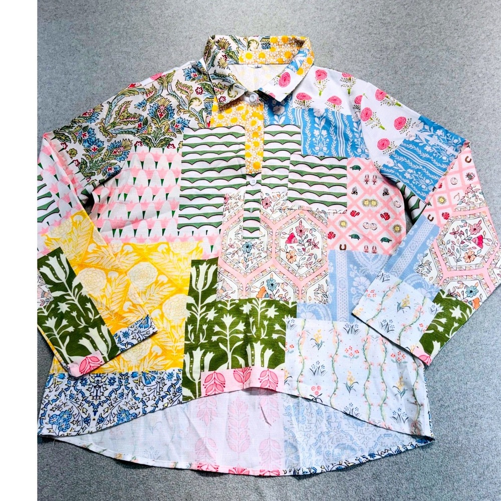 Womens Patchwork Print Button Front Shirt Large Cottagecore Boho Long Sleeve